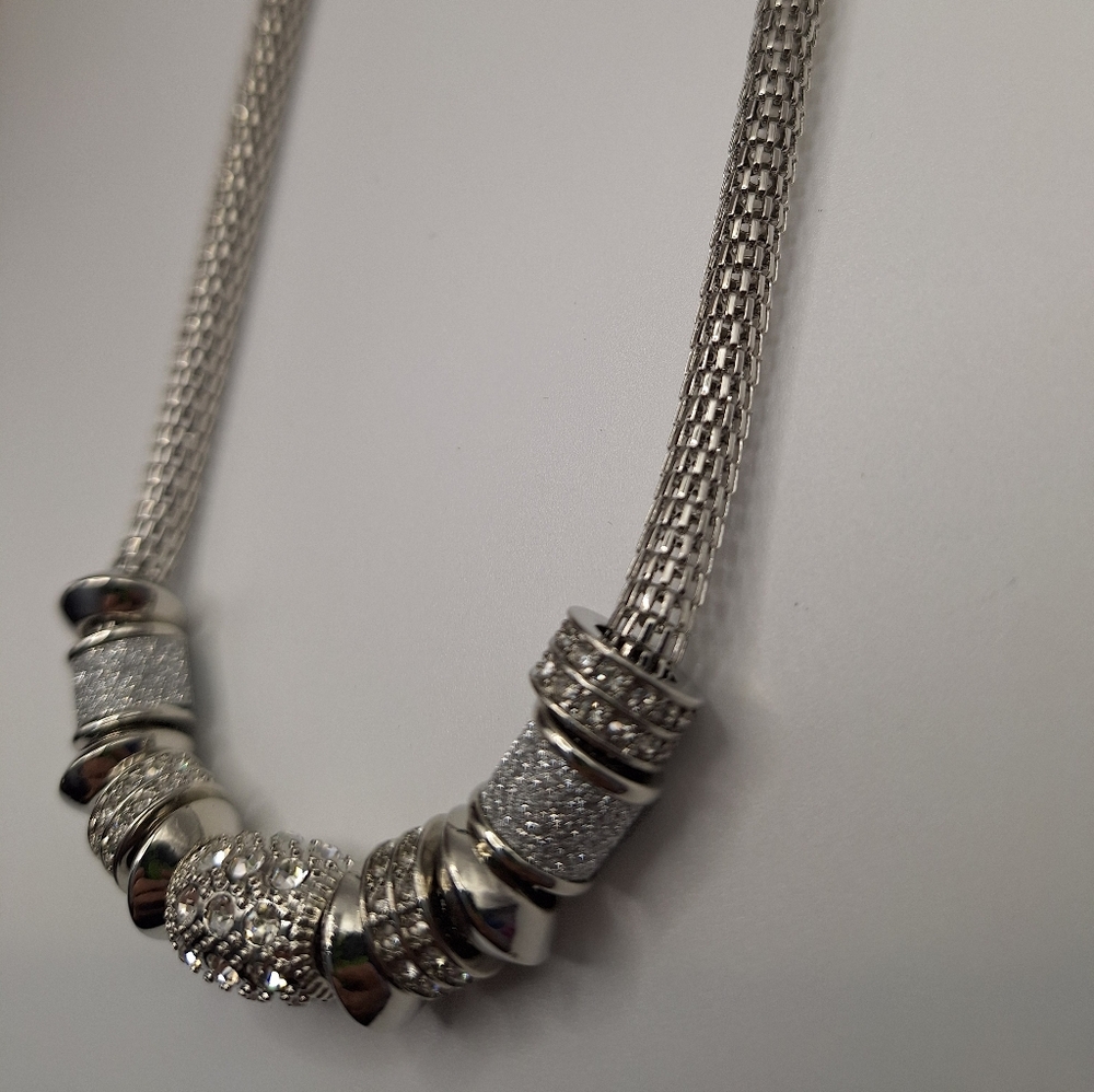 Catherines Silver Tone Mesh Necklace with Crystal Bead Accents | NWT
